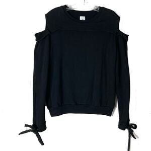 Nwot IRIS&INK Sweatshirt M Black,Cold-Shoulder,Ruffle,Bow-Cuffs,Long-Slv,Cotton